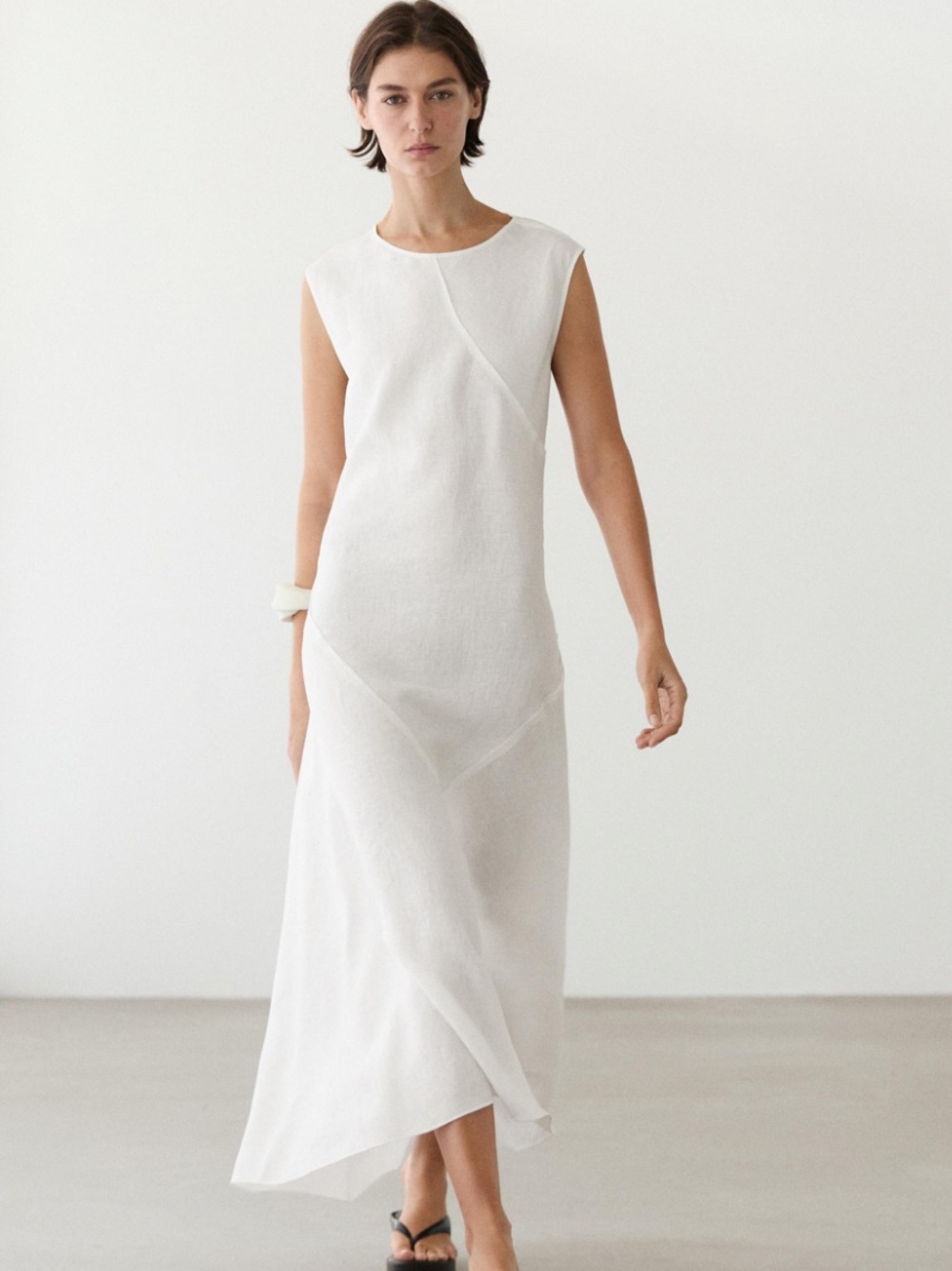 Massimo Dutti NWT FLOWING 100% LINEN MIDI DRESS WHITE 6660/508